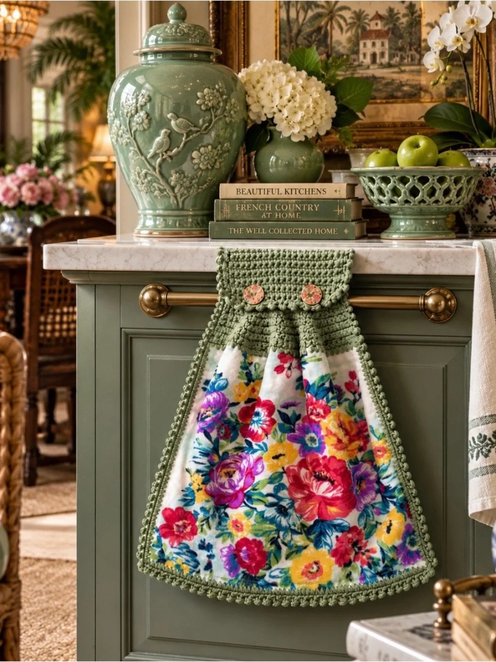 Pioneer Woman Floral Sage Green Crochet Hanging Kitchen Towel